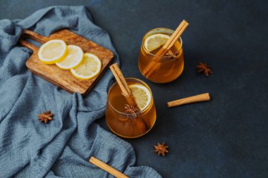 Limon dilimleri, tarçın çubukları, yıldız anason ve yabanmersinli iki bardak sıcak içecek.