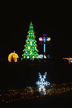 Noel ağacı parlak ışıklar kış gecesi kar taneli açık hava süslemeleri