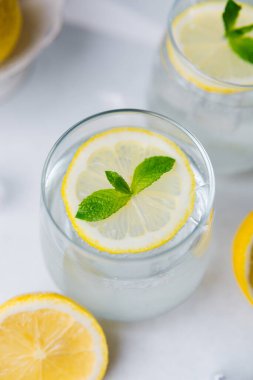 Nane yapraklı limon suyu ve bardakta servis edilen buz ve hafif sırtüstü taze narenciye.