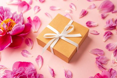 Beyaz kurdeleli hediye kutusu ve pastel arka planda pembe şakayık çiçekleri dağınık taç yapraklarıyla