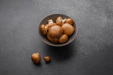 Gurme yemekleri ya da kırsal yemek teması için siyah arka planda kremini mantarlar.