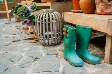 Bahçecilik ve çiçekçilik için ortanca çiçekleri ve lastik çizmeleri olan sanatsal bir düzenleme