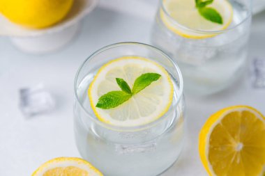 Nane yapraklı limon suyu ve bardakta servis edilen buz ve hafif sırtüstü taze narenciye.