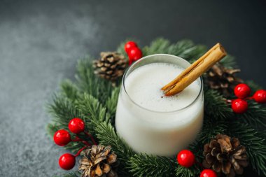 Çam kozalakları ve kırmızı böğürtlenlerle süslenmiş, tarçın saplı kremalı kış içeceği.