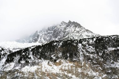 Bulutlu bir kış gününde alp dağlarıyla kaplı görkemli kar.