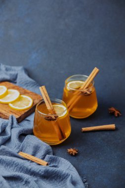 Tarçın çubuklu sıcak elma şarabı, yıldız anason ve gözlüklü limon dilimleri.
