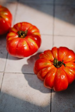 Taze kırmızı aile yadigarı domatesler ve su damlaları, güneş ışığı çizgileri olan fayanslı bir yüzeyde dinleniyorlar.