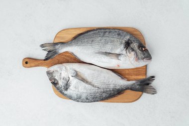 Beyaz arka planda tahta kesme tahtasındaki çiğ dorado balığı