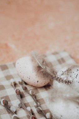 Yumuşak tüylü pembe benekli Paskalya yumurtası ve kareli kumaşta söğüt ağacı. Doğal ilkbahar kompozisyonu.