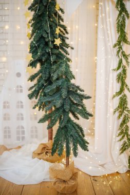 İki küçük yeşil ağaç, sarı yıldızlı ve beyaz ışıklar kapalı bir alanda..