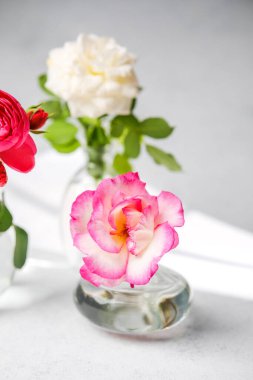 Yumuşak ışıkla dokulu yüzeyde berrak cam vazoda pembe bir gül.