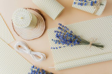 Balmumu, lavanta ve ahşap bardak altlığı malzemesi yapma seti.