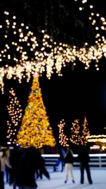 İnsanlar pırıl pırıl bir Noel ağacının yanında buz pateni yapmaktan zevk alıyor. Geceleri şenlikli ışıklarla süslenmiş.