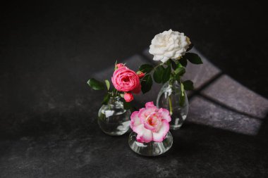 Koyu dokulu yüzeyde, cam vazolarda üç narin gül.