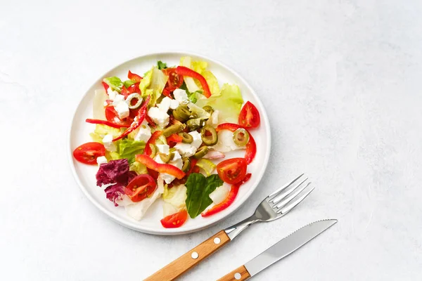 Domates kırmızı biberli marul salatası ve sağlıklı beslenme için zeytin konsepti veya gurme restoran fotoğrafçılığı.