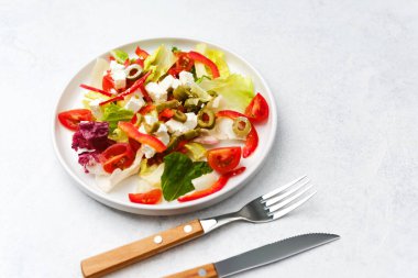 Domates kırmızı biberli marul salatası ve sağlıklı beslenme için zeytin konsepti veya gurme restoran fotoğrafçılığı.