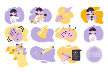 A set of illustrations for the design of a mobile application. Teenager girl character. Twelve pictures for the design of the educational platform.