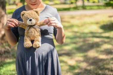 Tatlı ayı bebeğini tutan güzel annenin kırpılmış görüntüsü. Sağlıklı hamile bir kadının bebeği için beklentilerinin kavramsal çekimi..