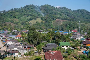Chiang Rai, Tayland 'ın Mae Yao bölgesindeki Karen köyü fil kampının manzara görüntüsü. Doğal ortamlarda kurtarılan fillerin yanında beslenme, banyo yapma ve yürüme olanağı sağlayarak korunmayı ön plana çıkarıyorlar..