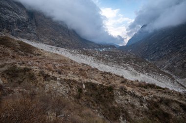 Eski bir Langtang köyünü kapsayan heyelan alanı. 2015 depremi yıkıcı bir çığ ve heyelanı tetikledi. Bu heyelan, büyük bir buz ve kaya bulutu altında köyü sular altında bıraktı..