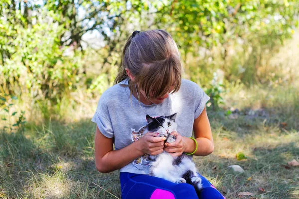 Defocus blonde little smiling girl holding and caress cat, black and white small crazy kitten. Nature green summer background. Girl holding and stroking pet. Love animals concept. Out of focus.