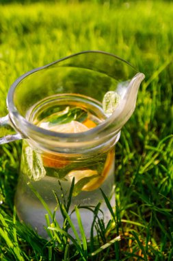 Limonlu limonata ve doğal yeşil arka planda naneli defocus cam sürahi. Bir sürahi soğuk yaz kokteyli ya da dışarıda punç. Güneşli bir yaz günü. Dikey. Odaklanamıyorum.