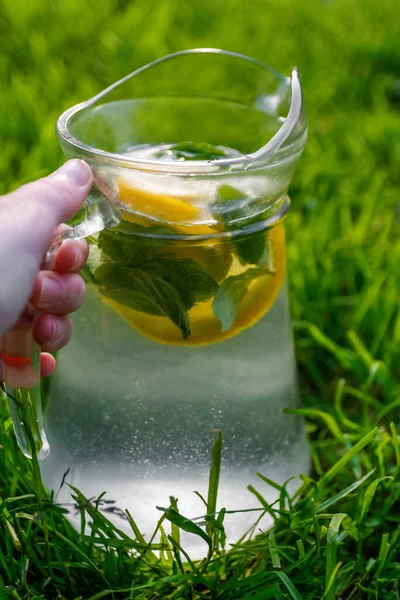 Elinde limonlu cam bir sürahi limonata ve doğal yeşil arka planda nane şekeri olan defocus. Bir sürahi soğuk yaz kokteyli ya da dışarıda punç. Güneşli bir mojito. Dikey. Odaklanamıyorum.