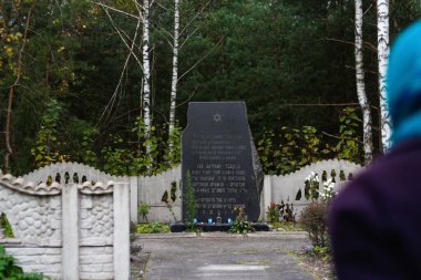 Konyshche, Ukrayna - 22.10.2020: 1942 yılında Ratno yakınlarında Alman kuvvetleri tarafından öldürülen Yahudi halkına adanmış bir anıt. Soykırım. Odaklanamıyorum.