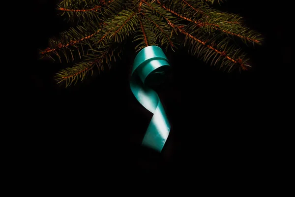 異なる花と雪のモミの枝で作られたクリスマスツリー形状上のクローズアップターコイズリボン。組成、フラットレイアウト、上からのビュー冬のトウヒの概念水平ダークバックグランド。選択的焦点 — ストック写真