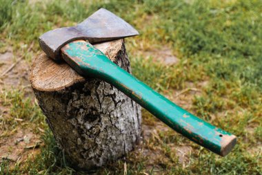 Yeşil boyalı saplı eski bir balta dışarıdaki yıpranmış bir ağacın üzerinde duruyor. Sahne bir parça çimen ve toprak üzerine kurulmuş. Bu da el işçiliği ya da kırsal ya da arka bahçedeki odunları işaret ediyor..