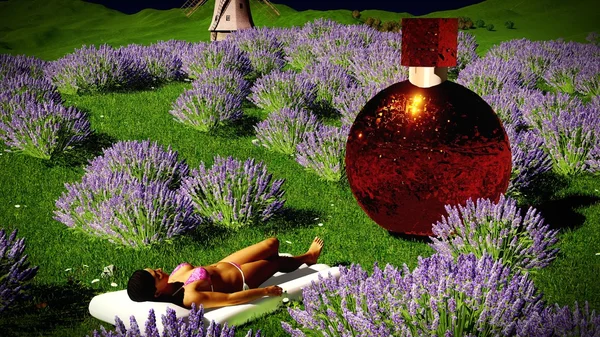 Ung kvinna i blommande lavendel fält — Stockfoto