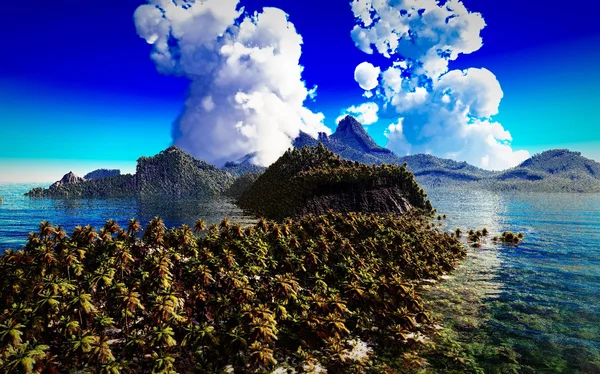 Erupção vulcânica na ilha tropical, ilustração 3d — Fotografia de Stock