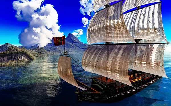 Пиратский корабль и действующий вулкан в 3D иллюстрации — стоковое фото
