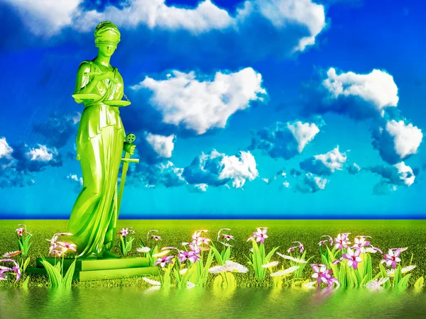 Senhora da justiça e flores, ilustração 3d — Fotografia de Stock