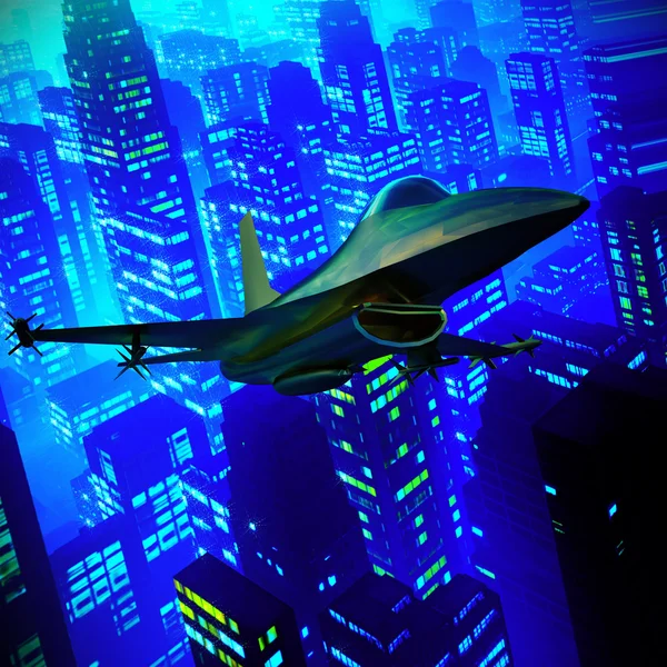 Stíhací letoun létal proti modré obloze, 3d ilustrace — Stock fotografie