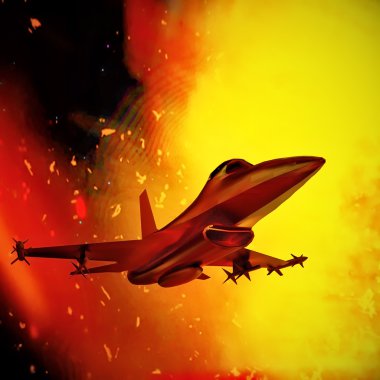 Mavi gökyüzü karşı 3d çizim uçan savaş uçağı