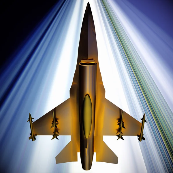 Avión de combate volando contra un cielo azul, ilustración 3d — Foto de Stock