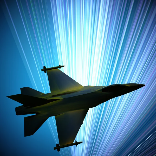 Fighter jet che vola contro un cielo blu, illustrazione 3d — Foto Stock