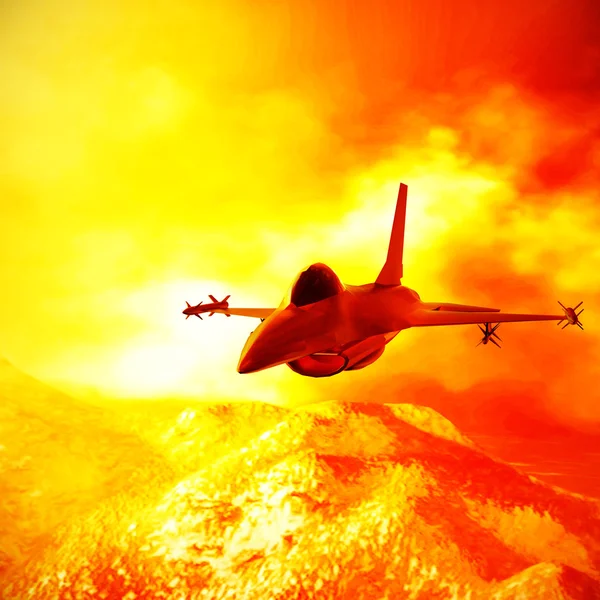 Fighter jet che vola contro un cielo blu, illustrazione 3d — Foto Stock