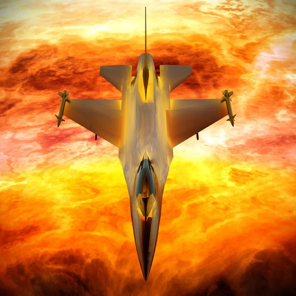 Avión de combate volando contra un cielo azul, ilustración 3d — Foto de Stock