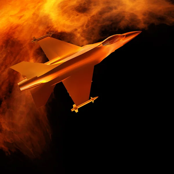 Stíhací letoun létal proti modré obloze, 3d ilustrace — Stock fotografie