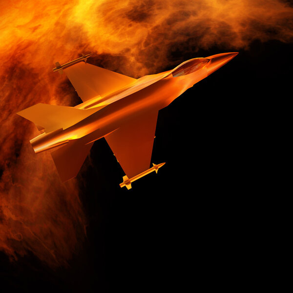 Истребитель летящий против голубого неба, 3d иллюстрация
