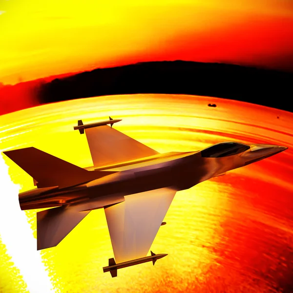 Avion de chasse volant contre un ciel bleu, illustration 3D — Photo