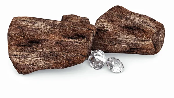 Brilliant diamonds and rocky boulders 3d illustration — Stock Photo, Image