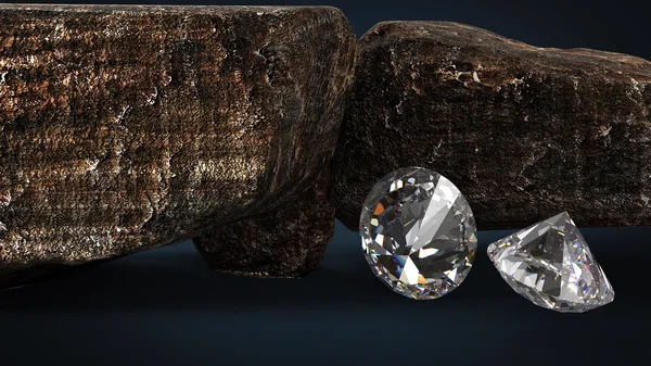 Diamantes brillantes y rocas rocosas 3d ilustración — Foto de Stock