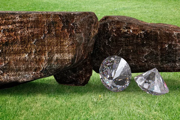 Diamantes brillantes y rocas rocosas 3d ilustración — Foto de Stock