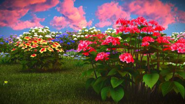 Çayır 3d render üzerinde yaz kır çiçekleri