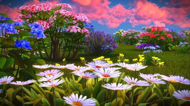 Çayır 3d render üzerinde yaz kır çiçekleri