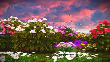 Çayır 3d render üzerinde yaz kır çiçekleri