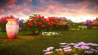 Çayır 3d render üzerinde yaz kır çiçekleri
